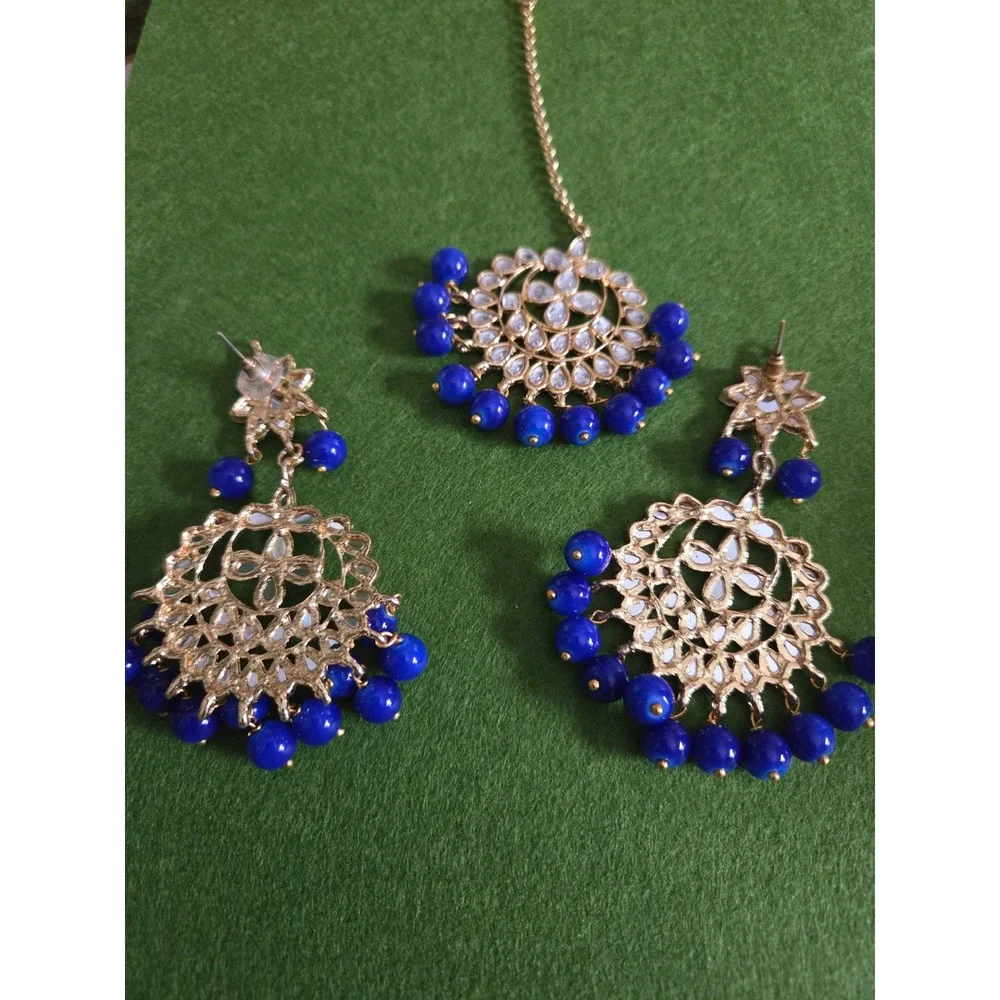 😎Gold‎ Tone Kundan Maang Tikka Earring Set Royal Blue Beads Indian Jewelry